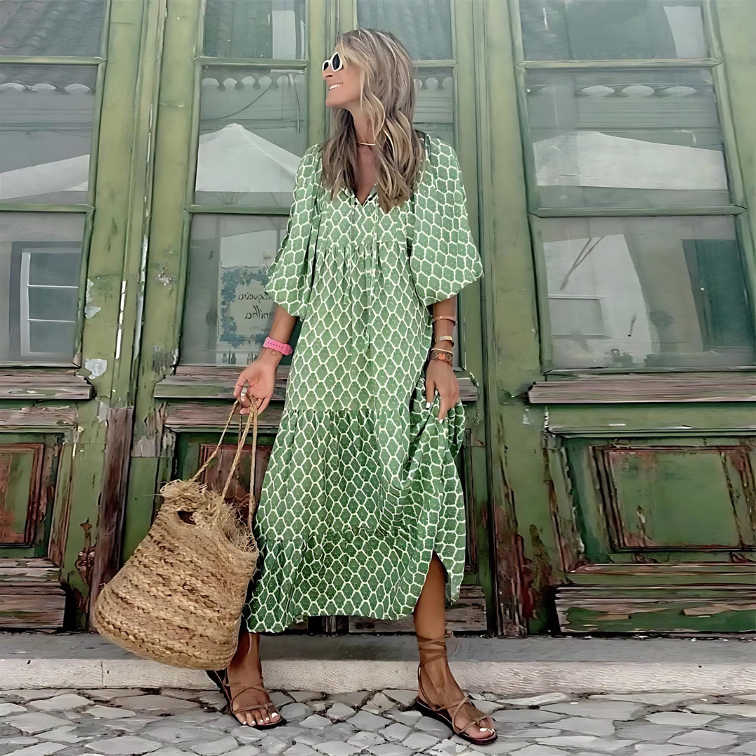 Midi Dress with Lightweight Breathable Fabric and Defined Waist, Flowing Skirt