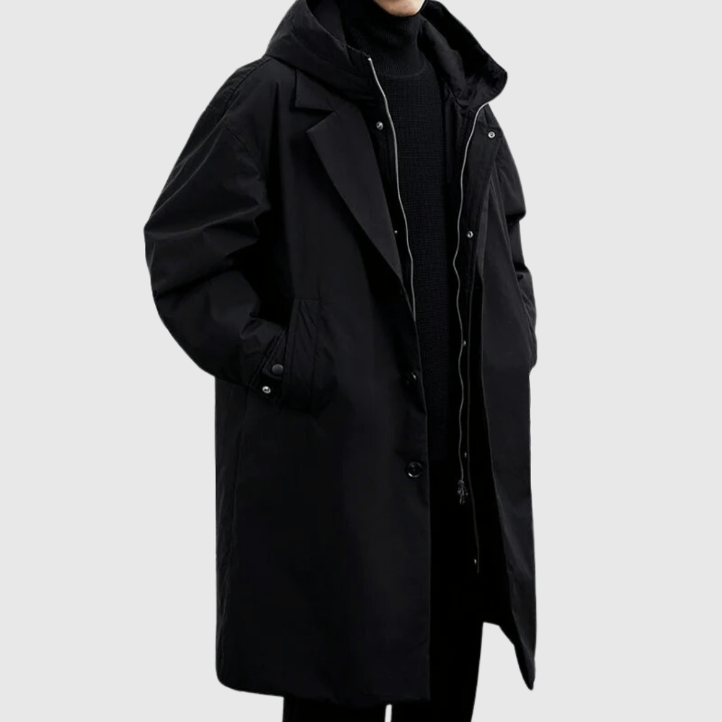 Mens Raincoat with Adjustable Hood and Storm Flap Zipper, Side Pockets