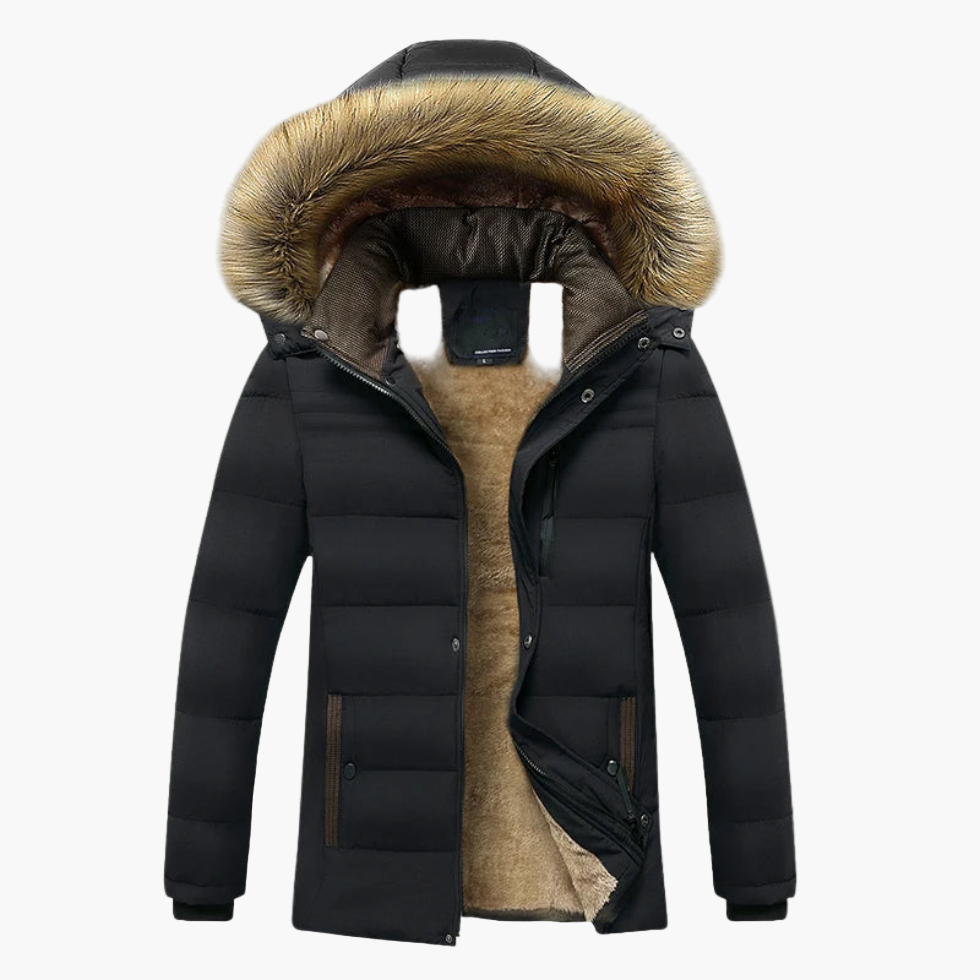 Mens Fur-Lined Winter Jacket with Detachable Hood and Weather-Resistant Shell