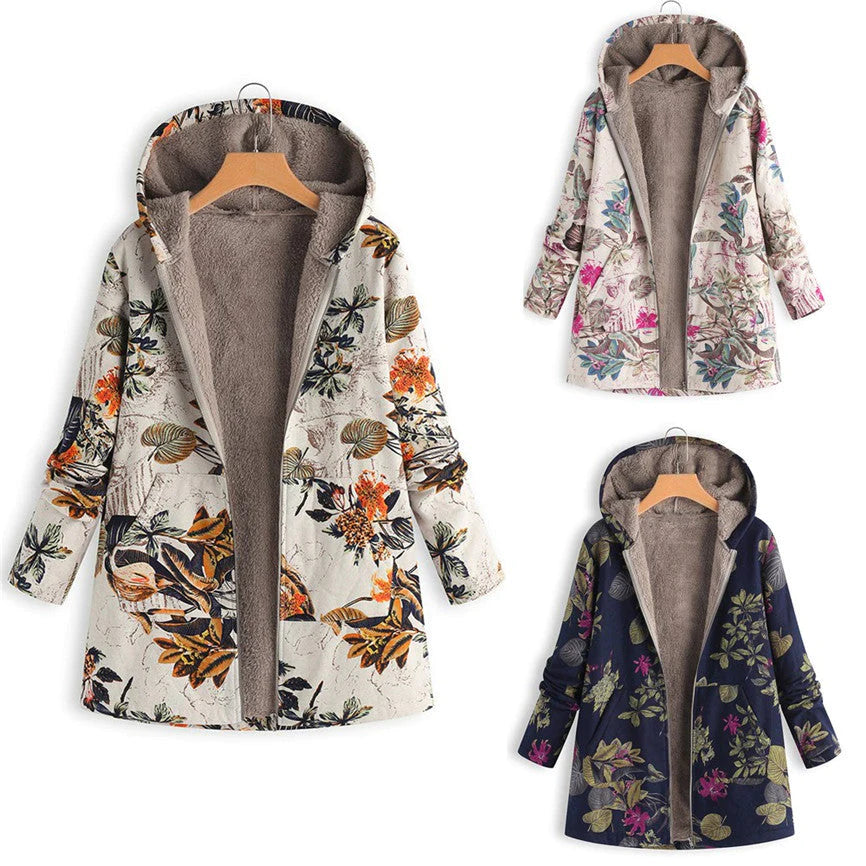 Womens Winter Coat with Adjustable Hood and All-Over Floral Print, Insulated Fill