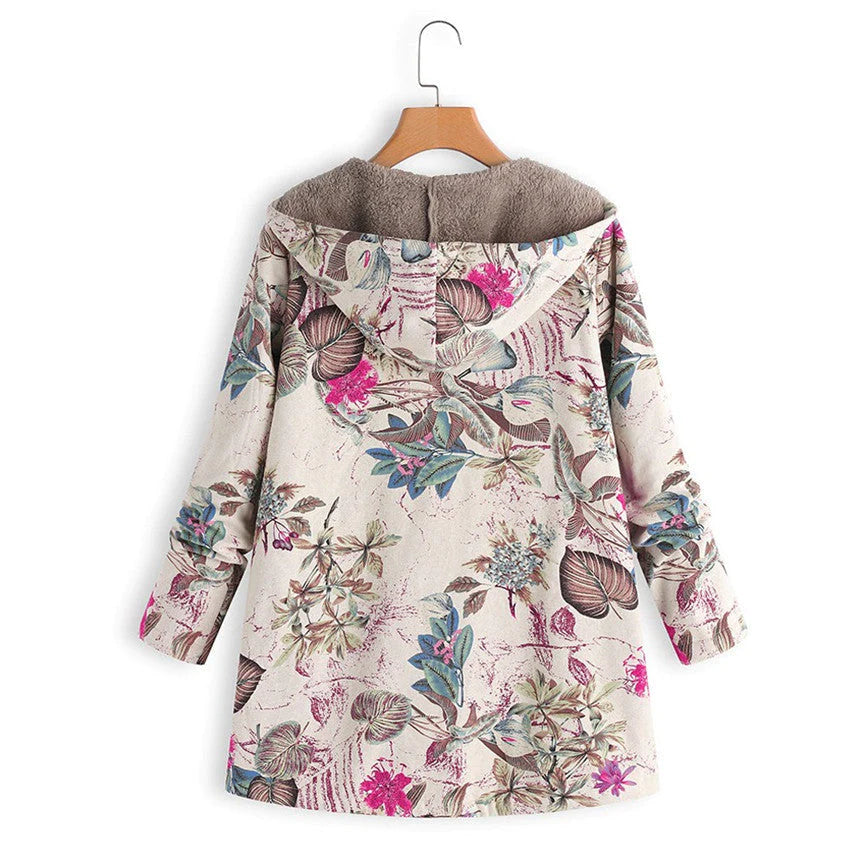 Womens Winter Coat with Adjustable Hood and All-Over Floral Print, Insulated Fill
