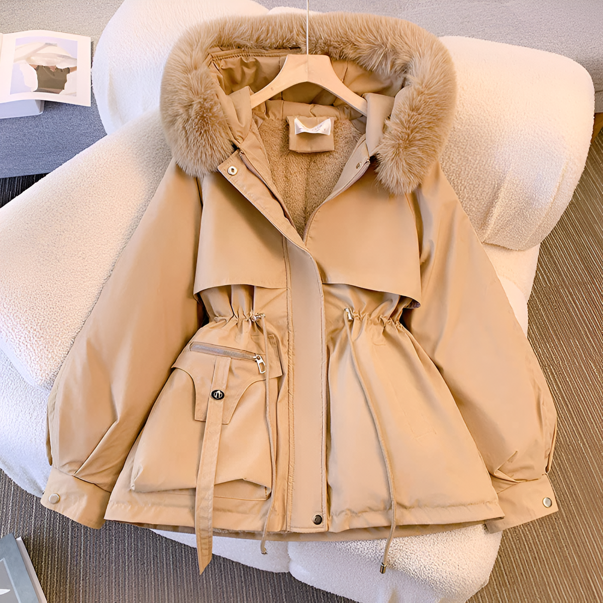 Womens Winter Coat with Plush Faux Fur Collar and Adjustable Drawstring Waist, Pockets