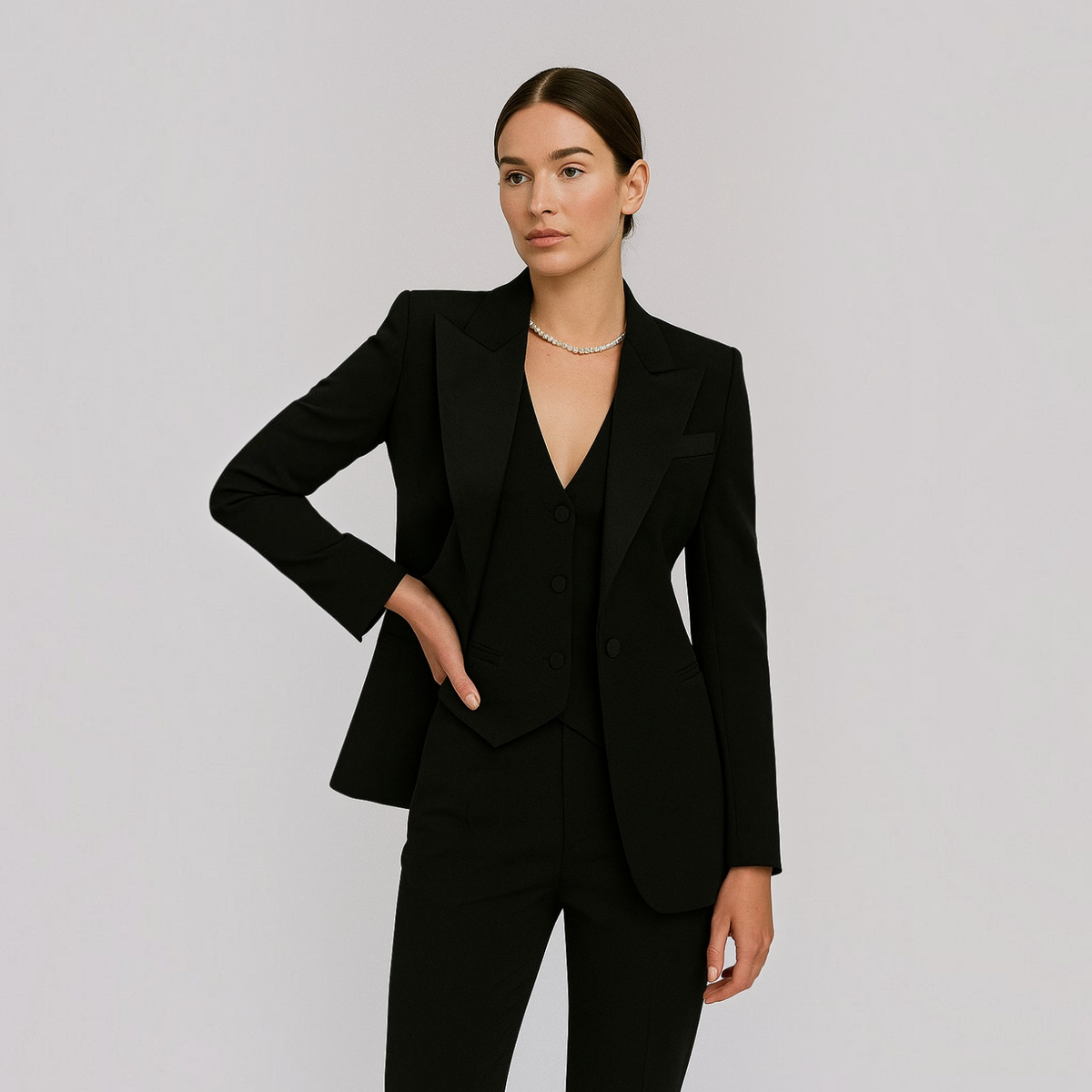Womens Suit Set with Slim-Fit Trousers and Structured Blazer, Fitted Vest