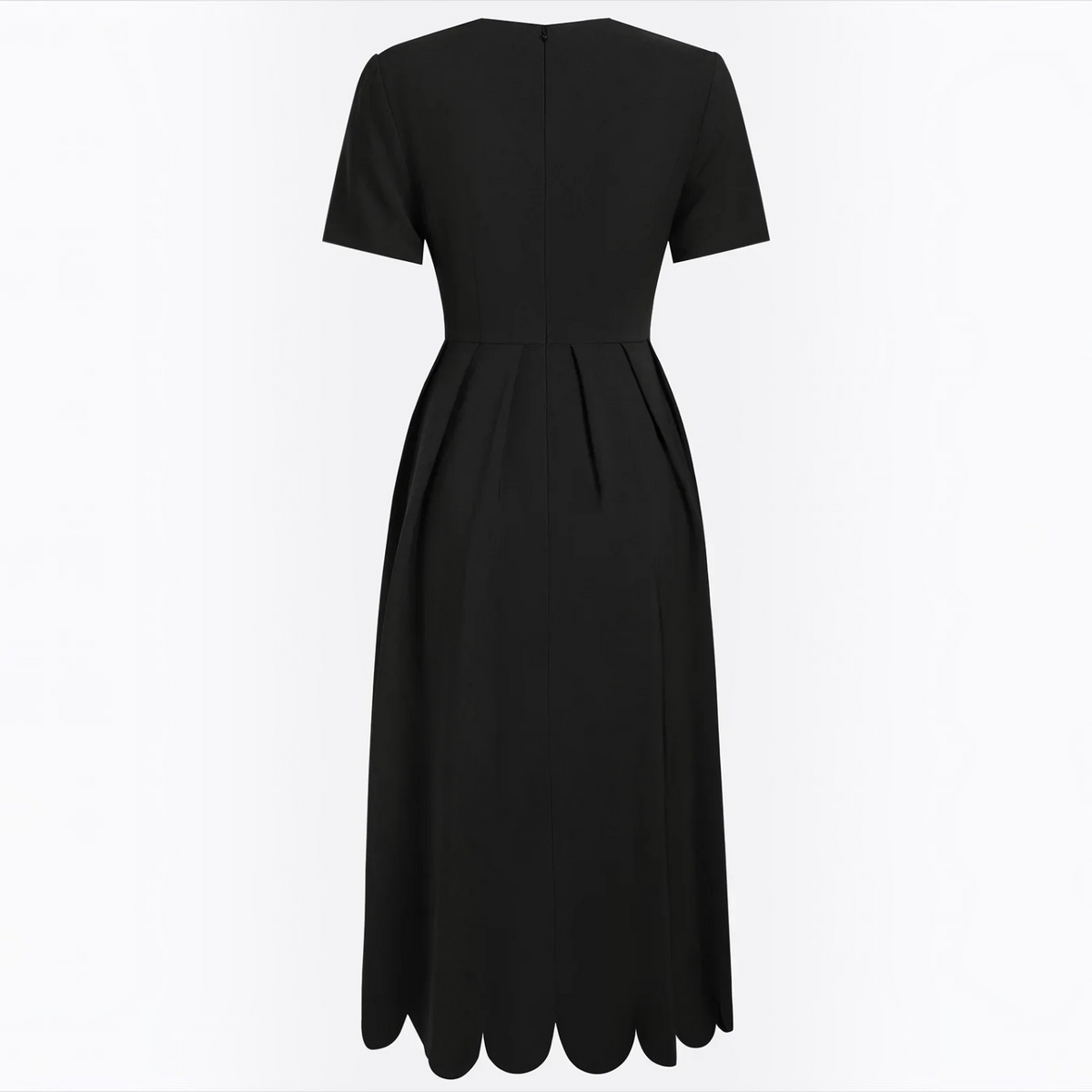 Black Midi Dress with Scalloped Neckline and Semi-Fitted Silhouette, Soft Stretch Blend