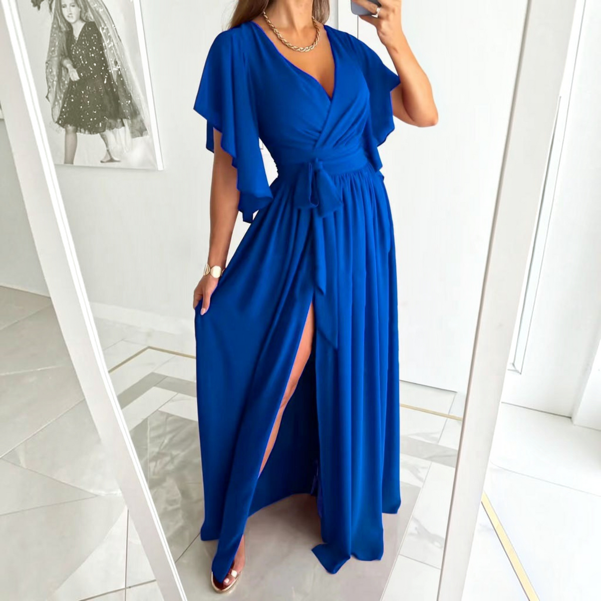 Wrap Maxi Dress with Flutter Sleeves and Adjustable Tie, Lightweight Crepe Floor Length