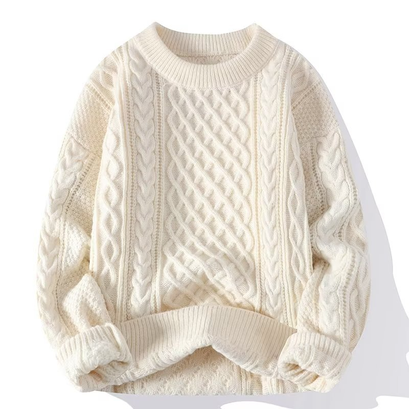 Cable Knit Sweater with Chunky Fisherman Pattern and Crew Neck, Cream