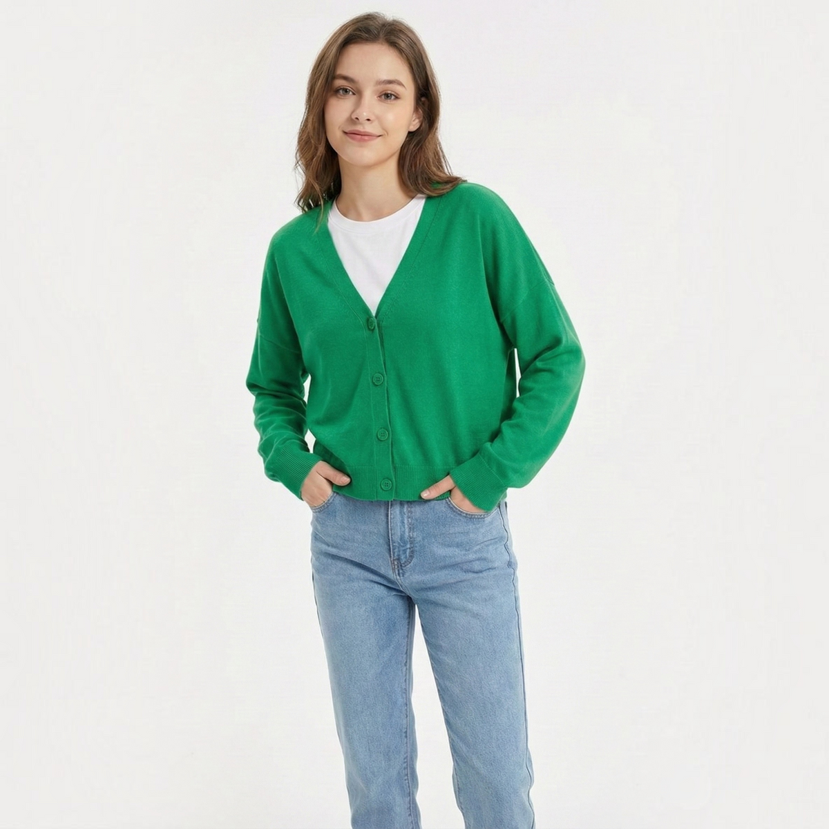 Button-Front Cardigan with Textured Knit and Relaxed Fit, Hip-Length Long Sleeve