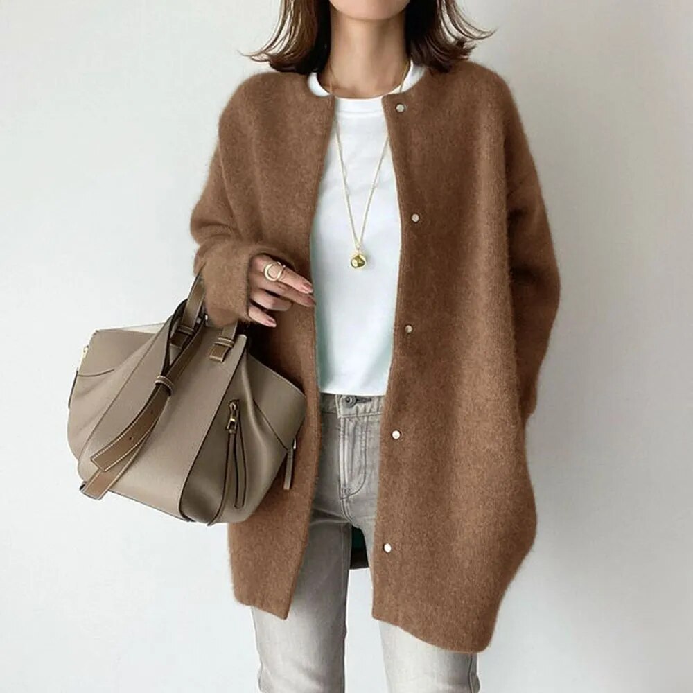 Longline Oversized Knit Cardigan with Button Front and Textured Fabric