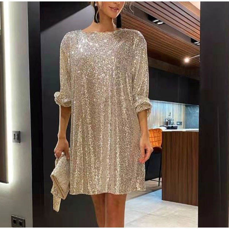 Sequin Mini Dress with Long Sleeves and Self-Tie Belt, Boat Neck
