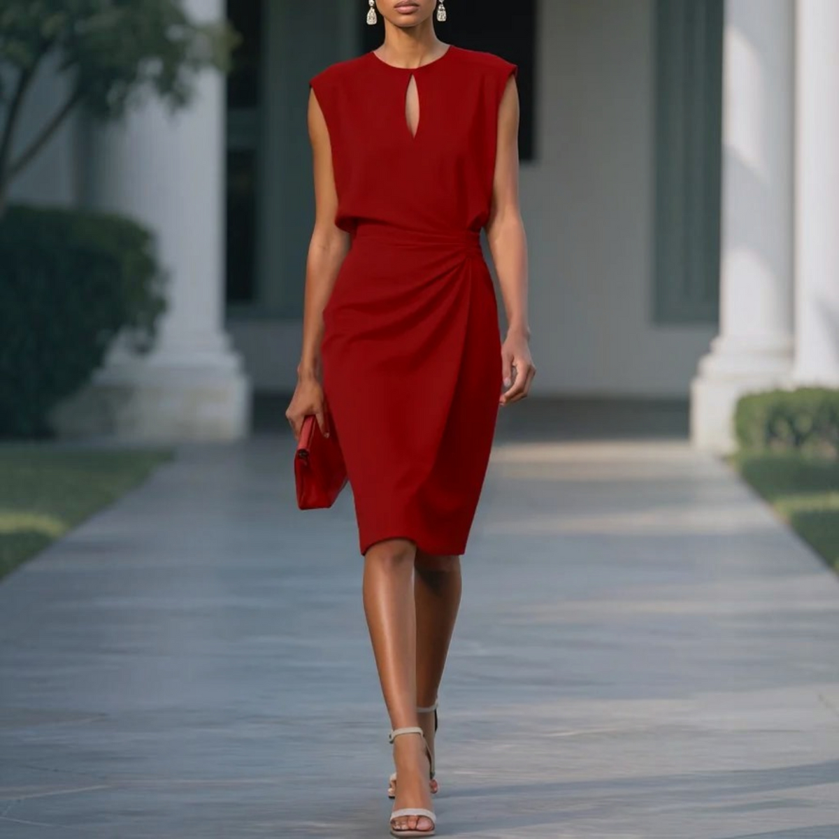 Sleeveless Midi Dress with Tailored Sheath and Partial Lining, Lightweight Stretch Fabric
