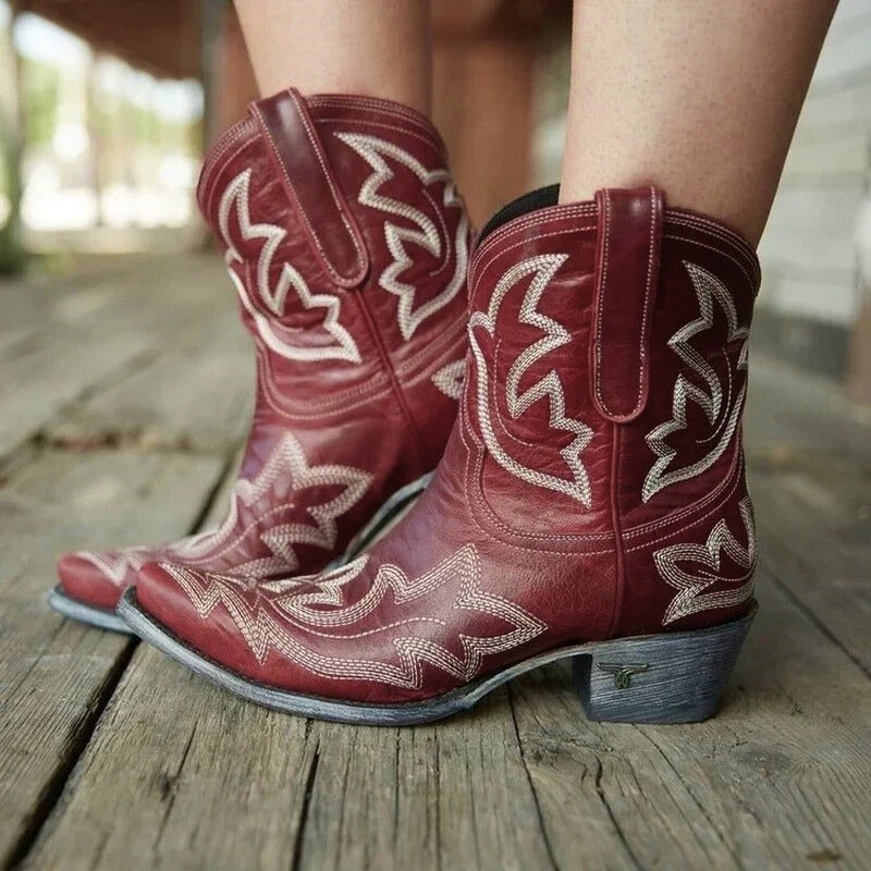 Embroidered Western Boots with Pointed Toe and Stacked Heel