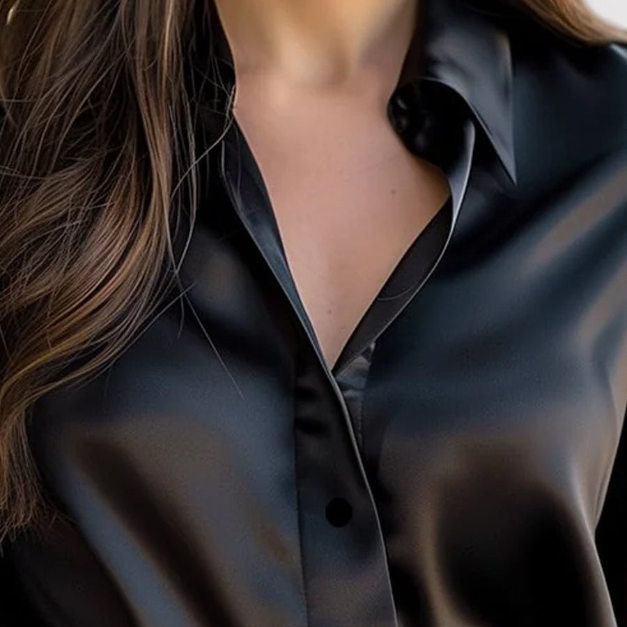 Satin Blend Blouse with Long Sleeves and Classic Collar, Relaxed Fit