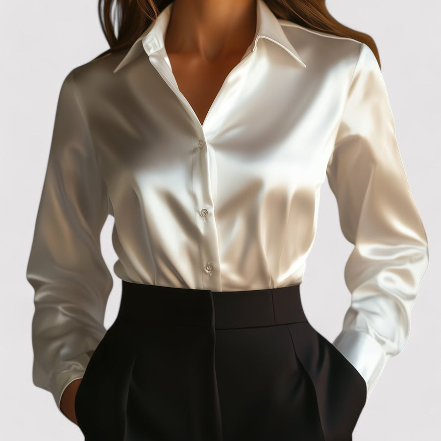 Satin Blend Blouse with Long Sleeves and Classic Collar, Relaxed Fit