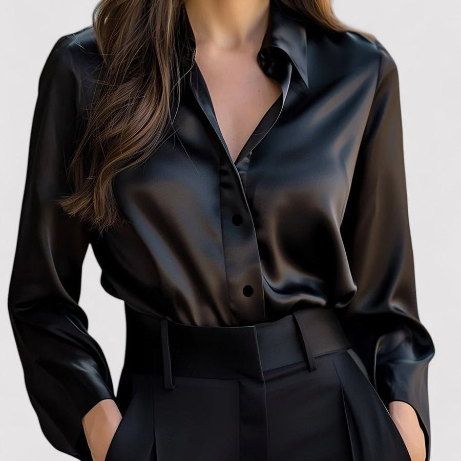 Satin Blend Blouse with Long Sleeves and Classic Collar, Relaxed Fit