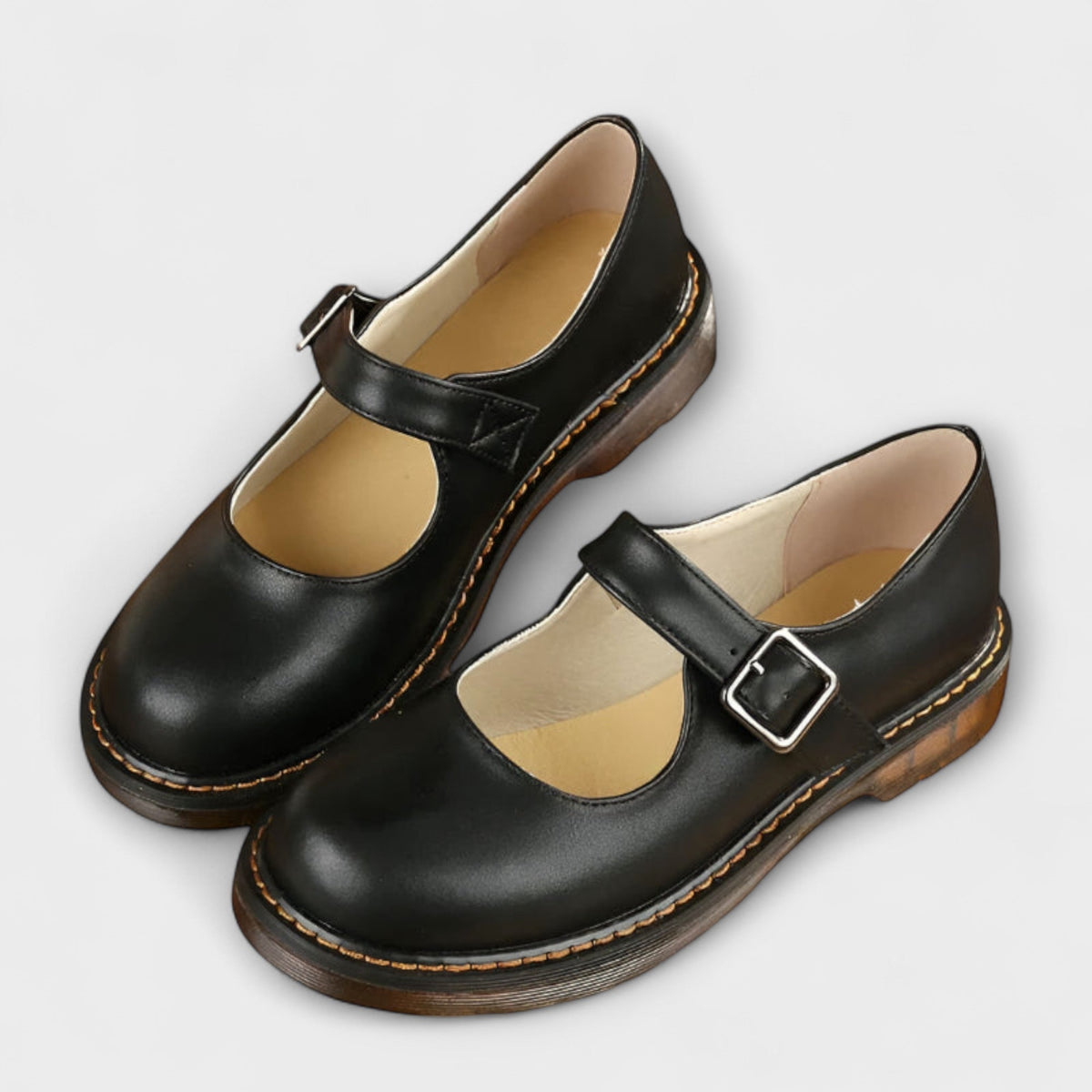 Womens Round Toe Mary Jane Flats with Adjustable Buckle Strap and Cushioned Low Heel