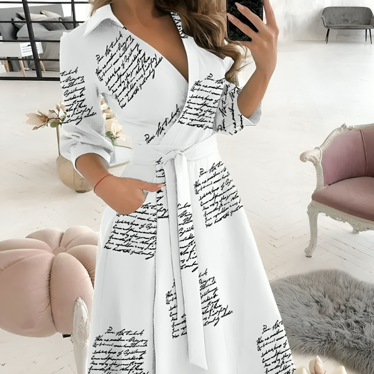 Womens Wrap Midi Dress with V-Neck and Adjustable Tie Belt