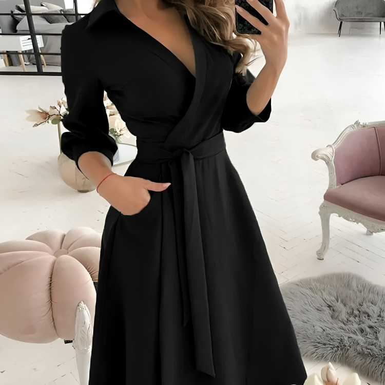 Womens Wrap Midi Dress with V-Neck and Adjustable Tie Belt