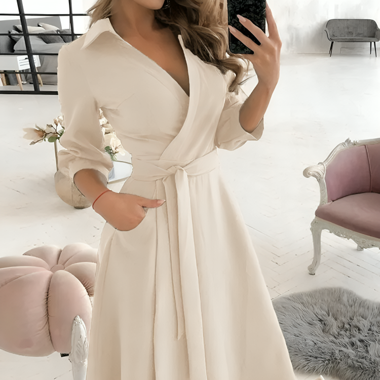 Womens Wrap Midi Dress with V-Neck and Adjustable Tie Belt