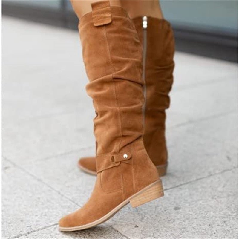 Womens Knee-High Slouch Boots with Low Block Heel and Pull-On Design