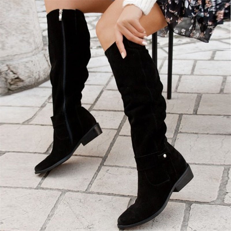 Womens Knee-High Slouch Boots with Low Block Heel and Pull-On Design