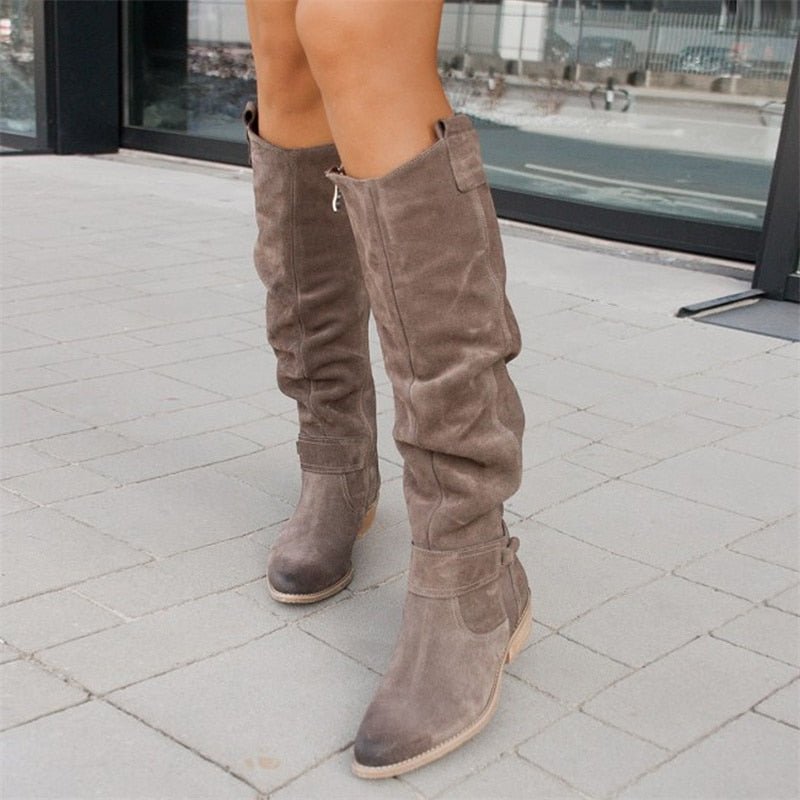 Womens Knee-High Slouch Boots with Low Block Heel and Pull-On Design