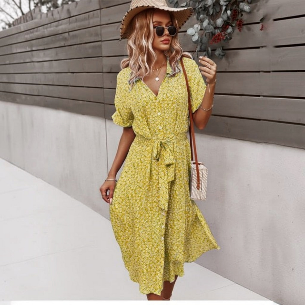 Floral Midi Dress with V Neckline and Self Tie Waist, Button Front, Gathered Sleeves