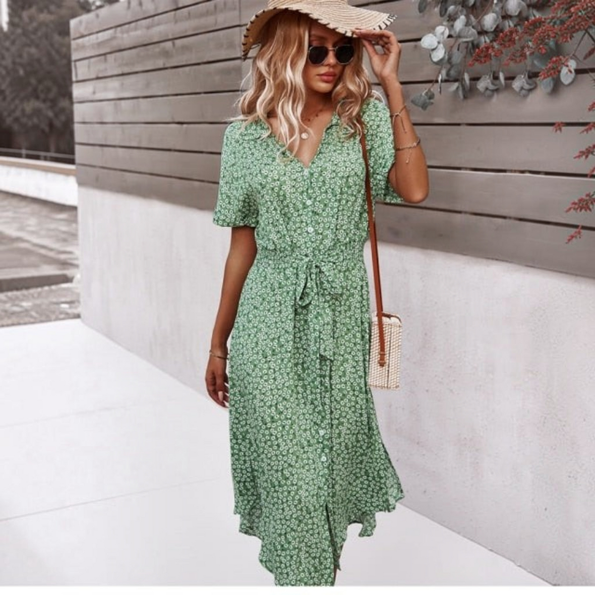 Floral Midi Dress with V Neckline and Self Tie Waist, Button Front, Gathered Sleeves