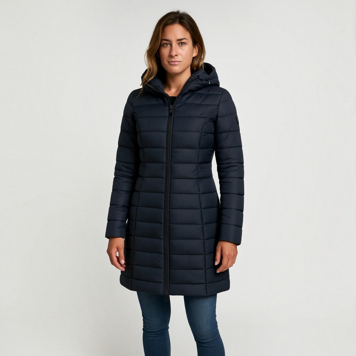Womens Quilted Puffer Jacket with Detachable Hood and Mid-Length Fit