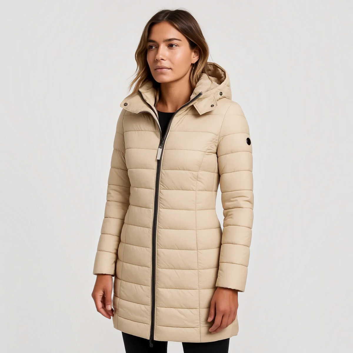 Womens Quilted Puffer Jacket with Detachable Hood and Mid-Length Fit