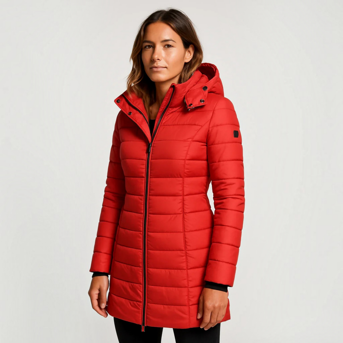 Womens Quilted Puffer Jacket with Detachable Hood and Mid-Length Fit