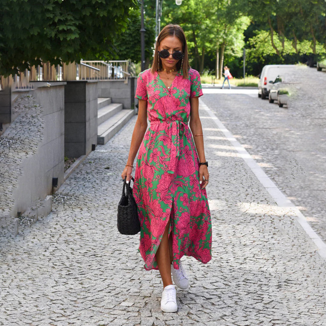 Floral Wrap Maxi Dress with Adjustable Tie Waist and V Neckline, Full Length