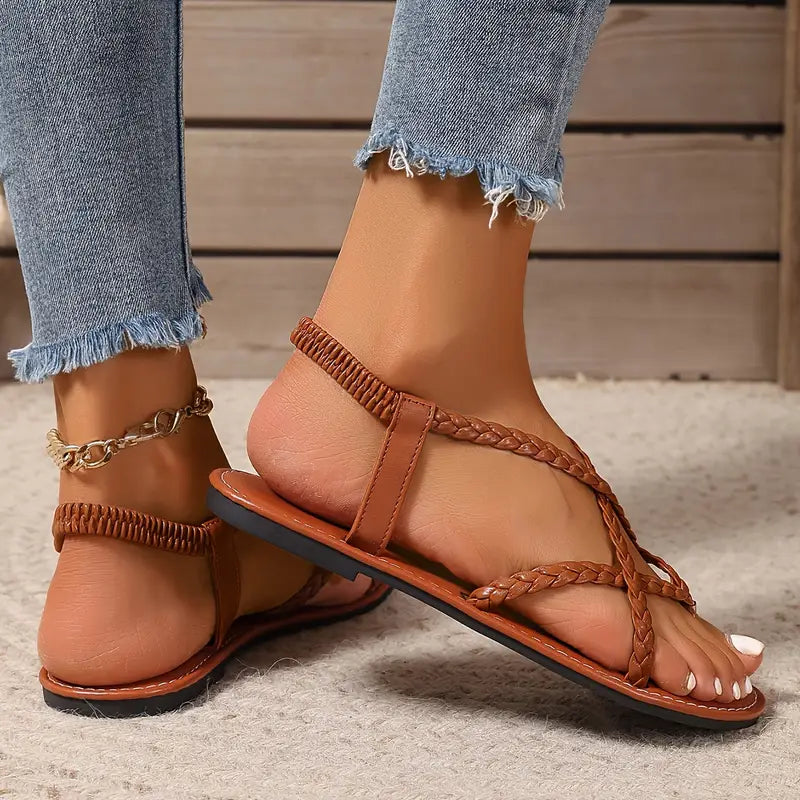 Womens Braided Sandals with Contoured Footbed and Gladiator Straps, Slip-on Flat Heel