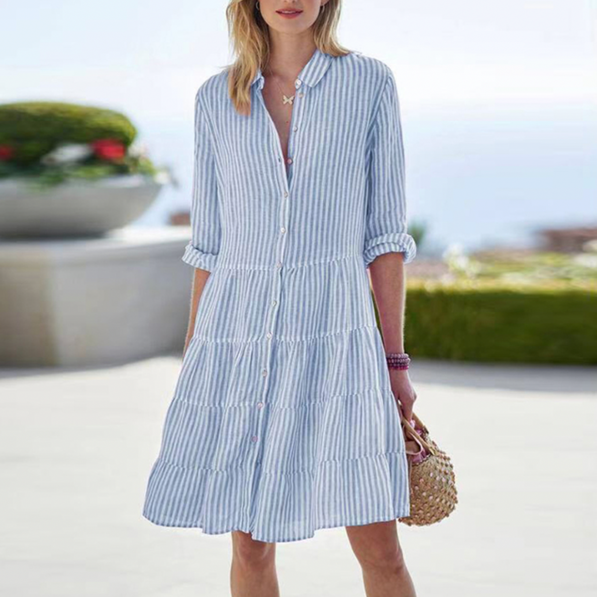 Striped Shirt Dress with Button Front and Collared Neck, Lightweight Woven Mini