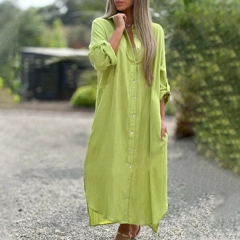 Womens Maxi Shirt Dress with Relaxed Shirt Silhouette and Long Sleeves, Front Button Placket