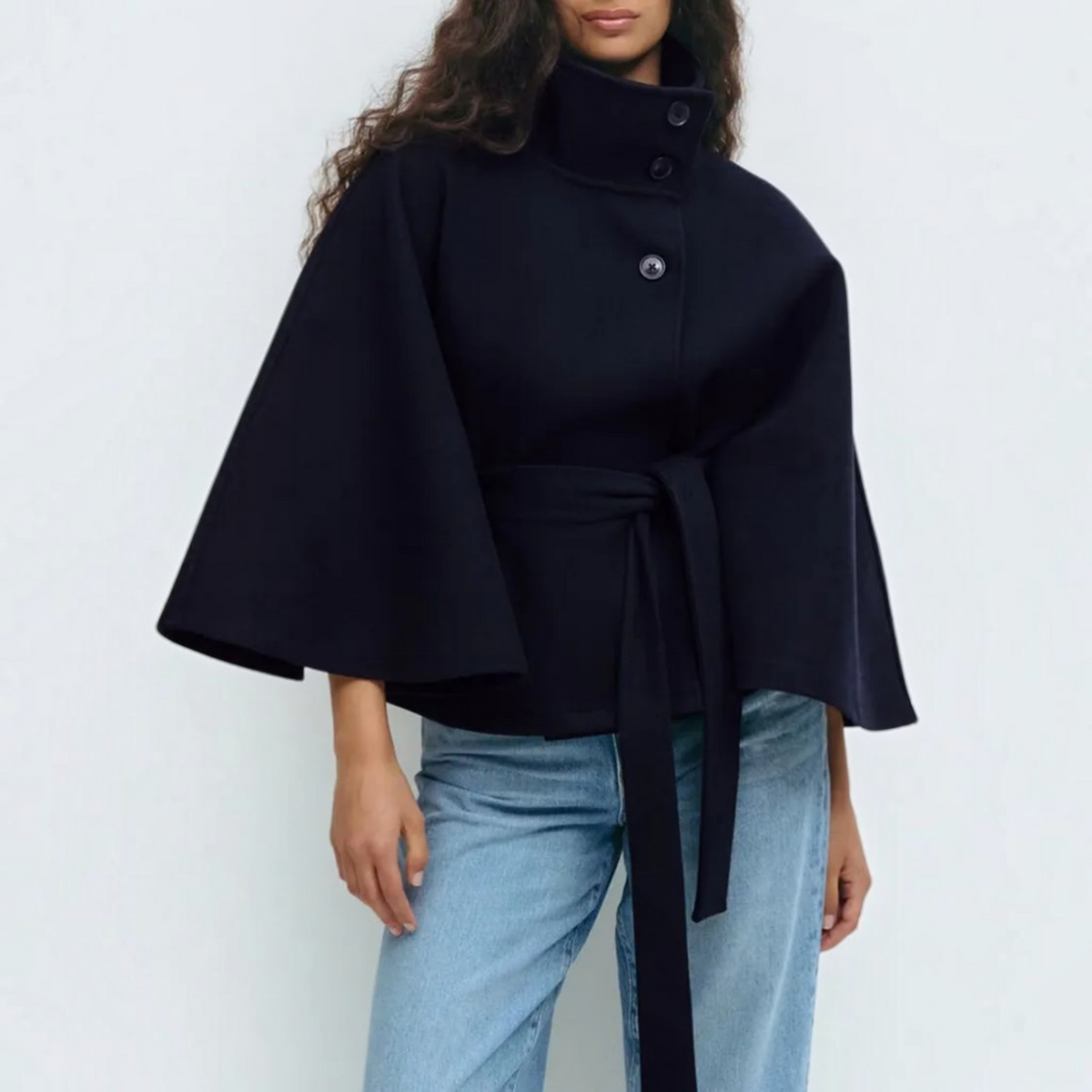 Short Cape Coat for Women with Funnel Neck and Tie Belt, Wide Cape Sleeves