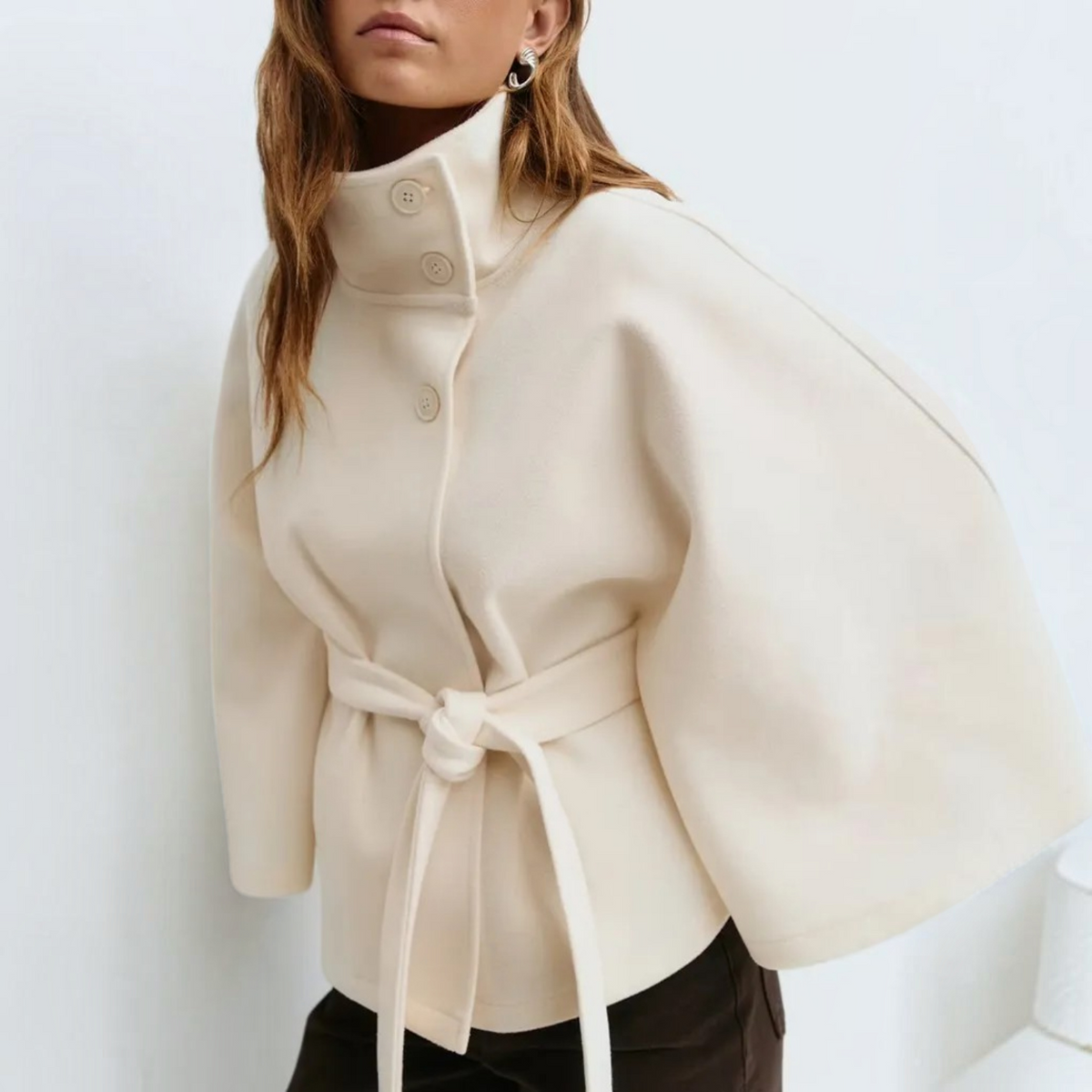 Short Cape Coat for Women with Funnel Neck and Tie Belt, Wide Cape Sleeves