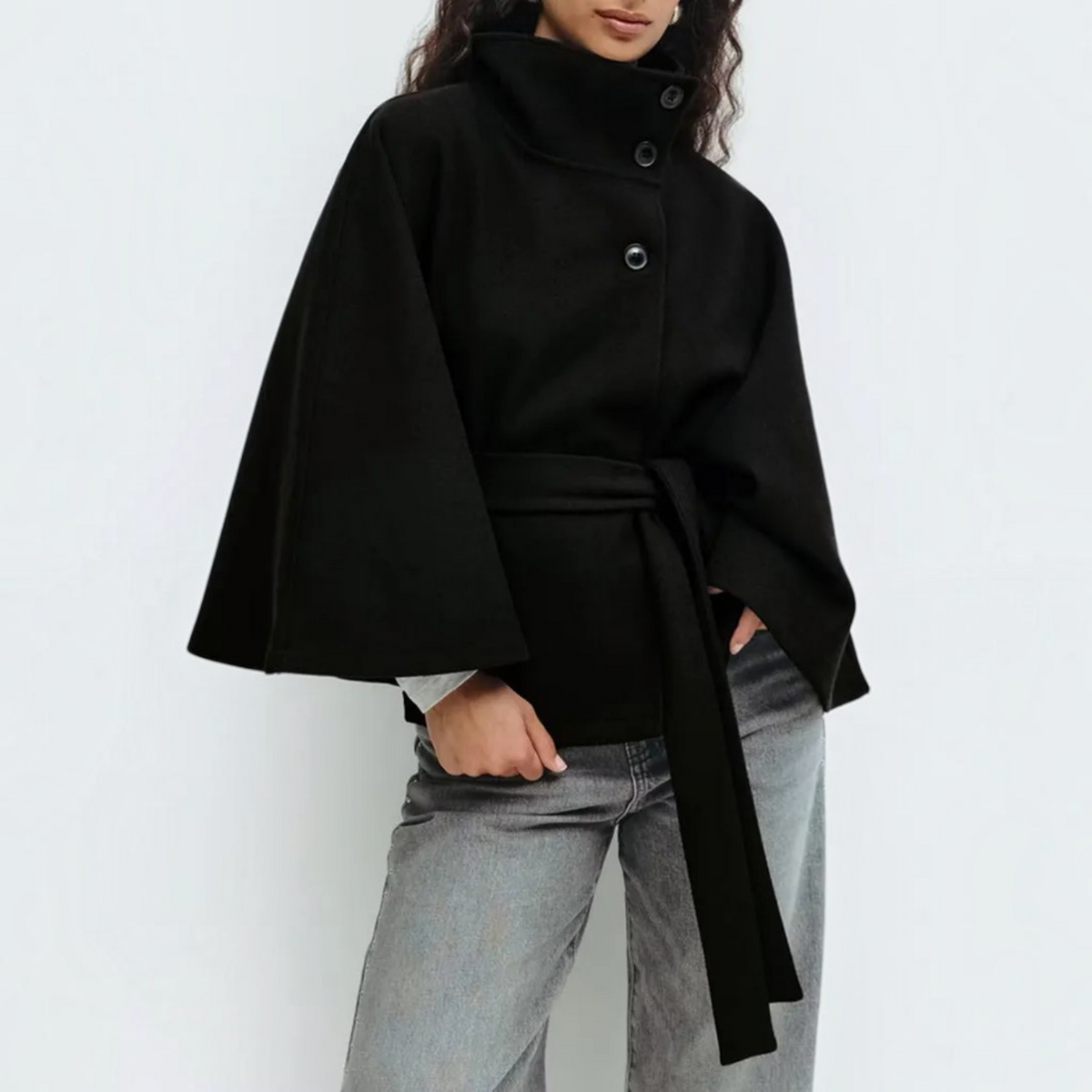 Short Cape Coat for Women with Funnel Neck and Tie Belt, Wide Cape Sleeves