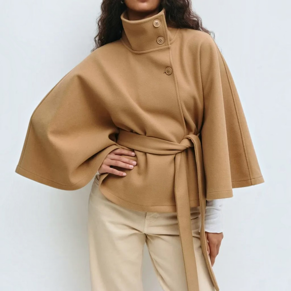 Short Cape Coat for Women with Funnel Neck and Tie Belt, Wide Cape Sleeves