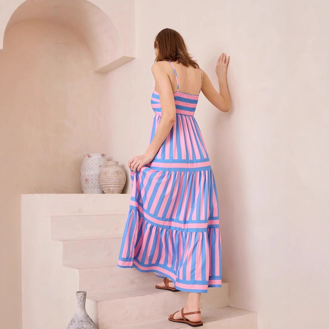 Womens Tiered Maxi Dress with Vertical Stripes and Side Pockets