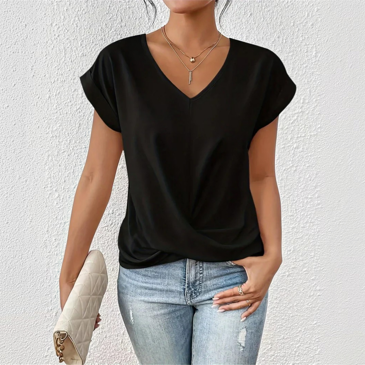 V-Neck Twist Front T-Shirt for Women with Short Sleeves and Relaxed Fit