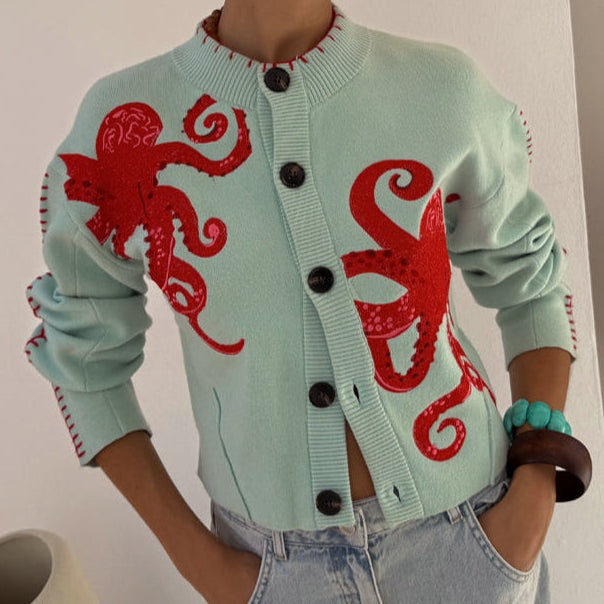 Button Front Cardigan with Octopus Graphic and Ribbed Cuffs