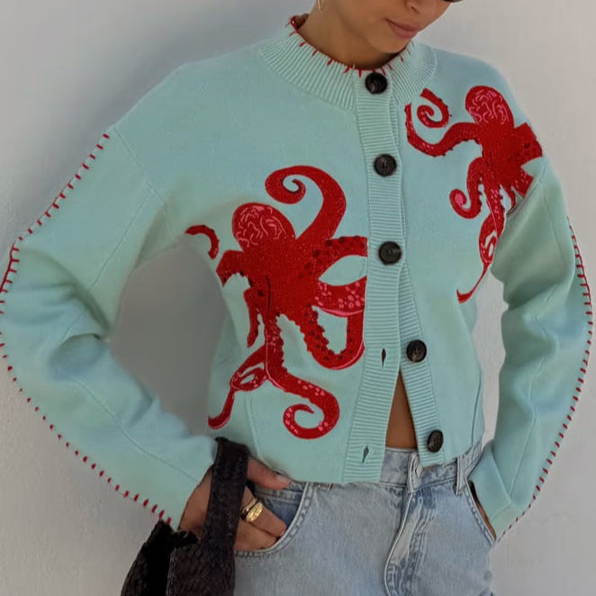 Button Front Cardigan with Octopus Graphic and Ribbed Cuffs