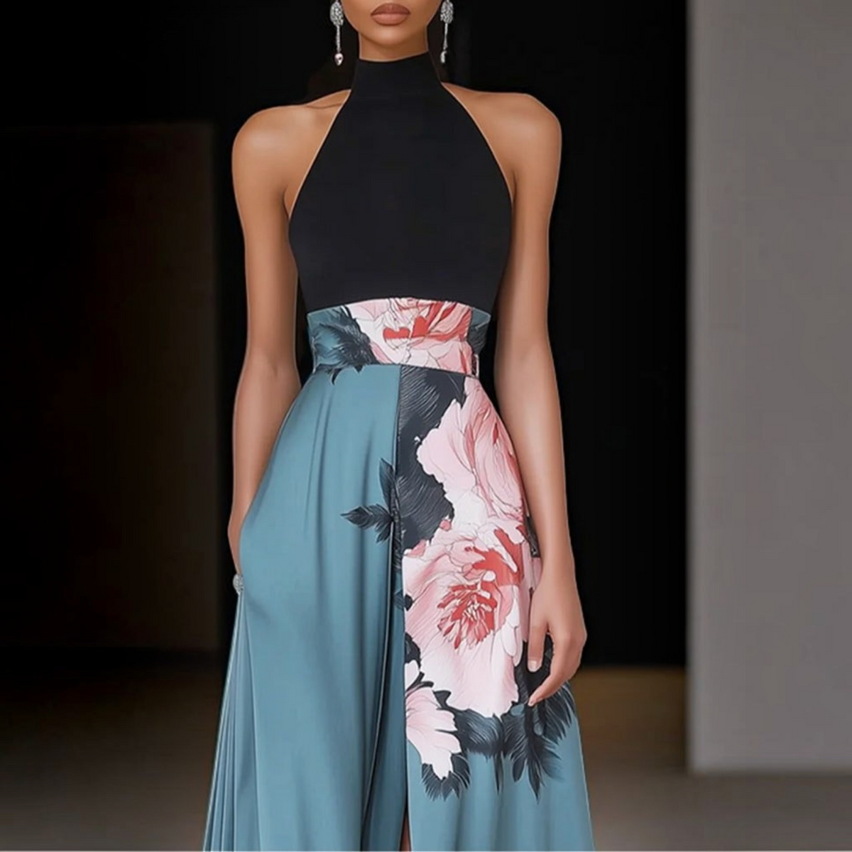 A-Line Maxi Dress with Side Slit and Crew Neck, Fully Lined Floral Print on Dark Base