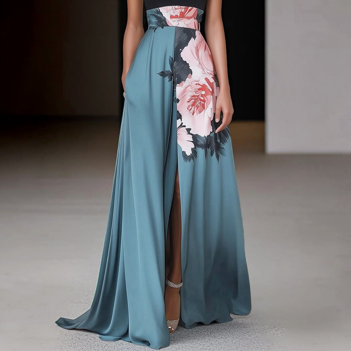 A-Line Maxi Dress with Side Slit and Crew Neck, Fully Lined Floral Print on Dark Base