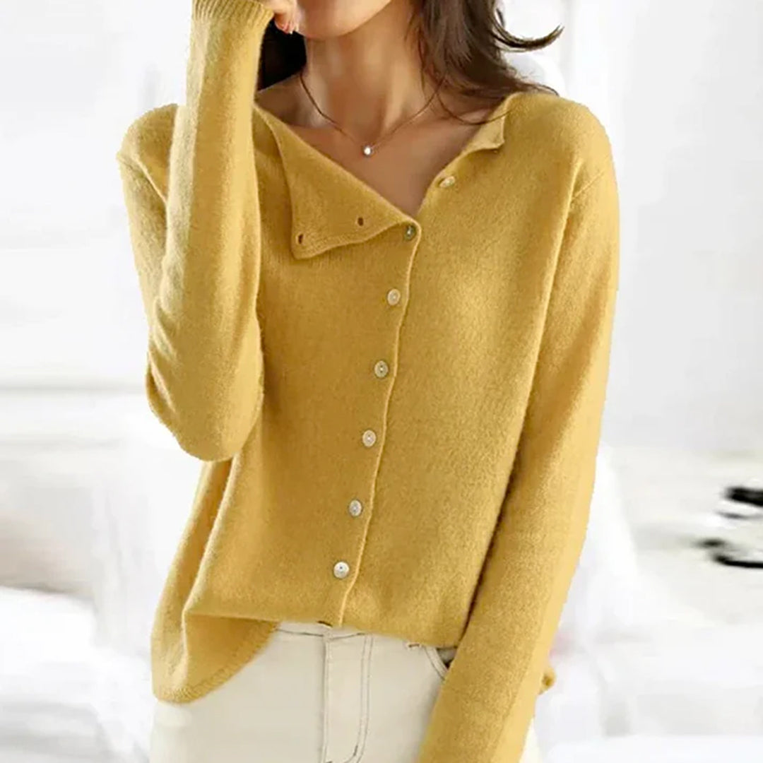 Womens Stretch Knit Sweater with Asymmetric Buttons and Lightweight Fabric