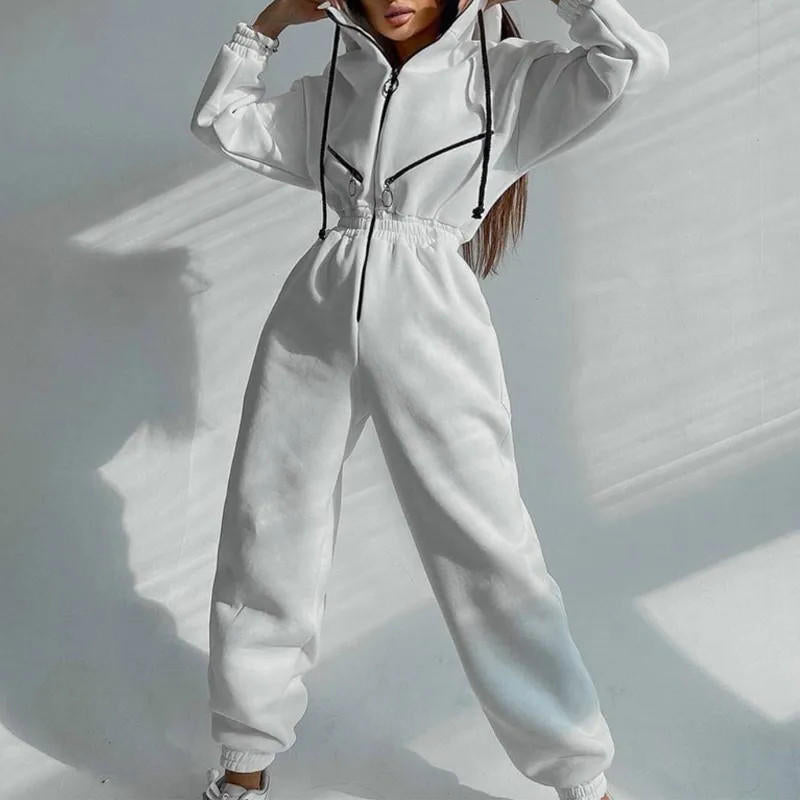 Womens Long Sleeve Hooded Jumpsuit with Front Zipper and Jogger Cuffs