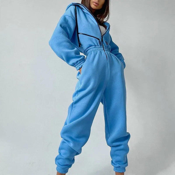 Womens Long Sleeve Hooded Jumpsuit with Front Zipper and Jogger Cuffs