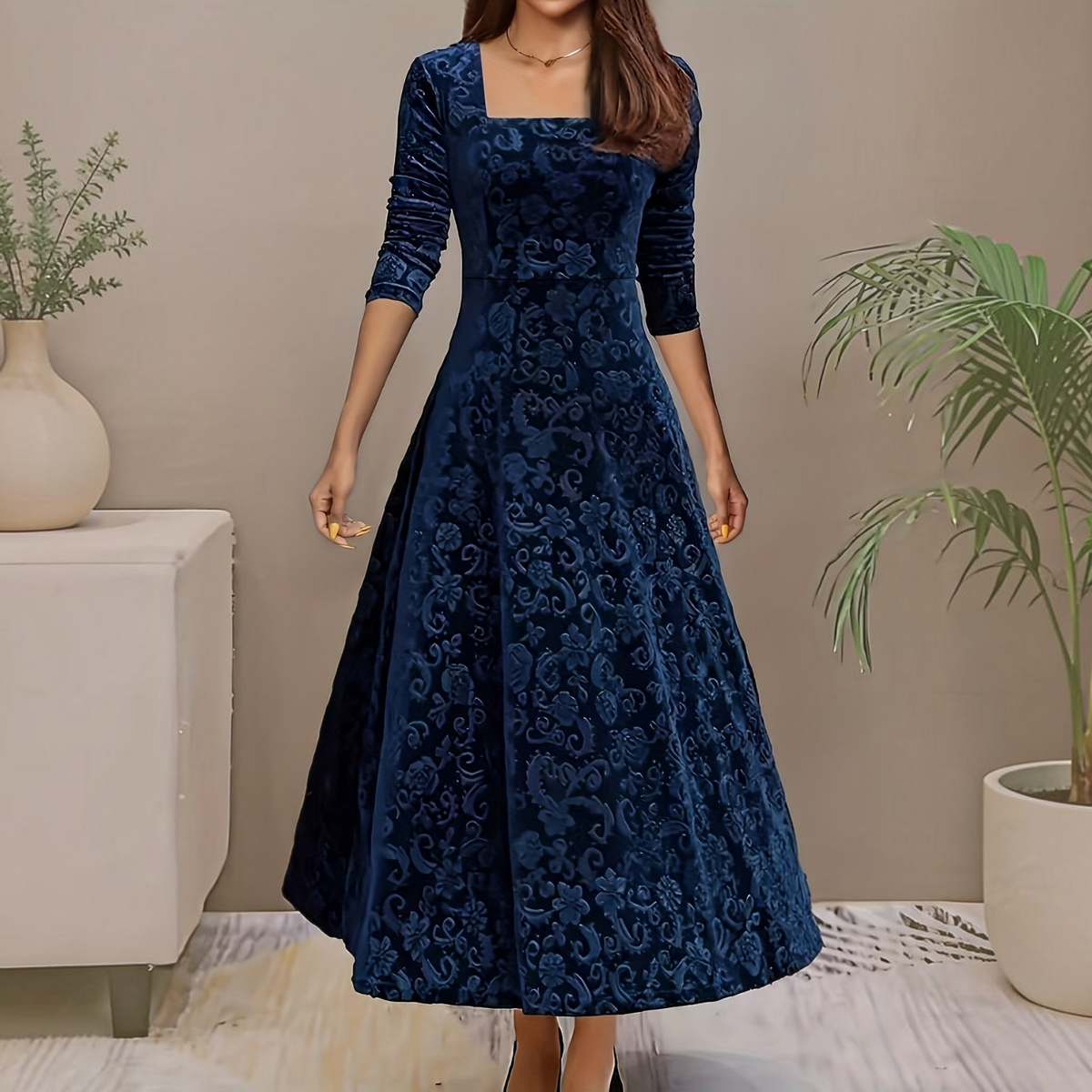Velvet Midi Dress with Floral Embroidery and Three-Quarter Sleeves, Back Zipper