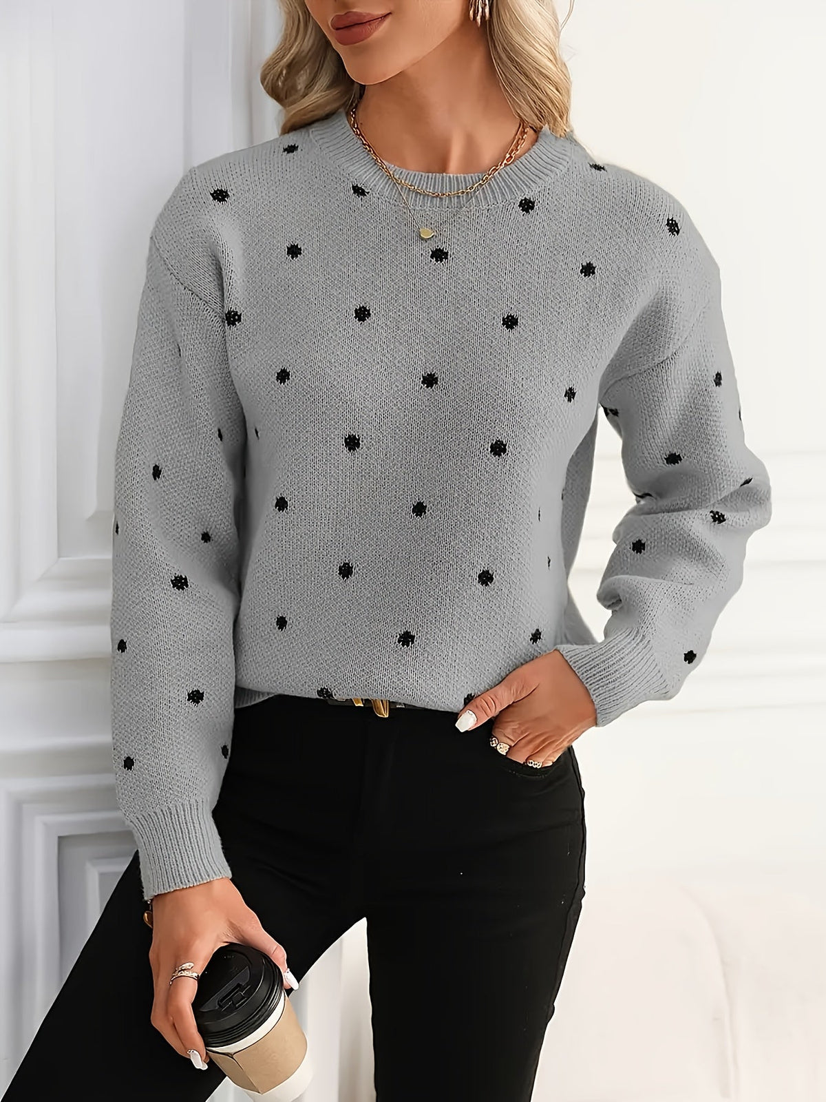 Polka Dot Crew Neck Sweater with Light Stretch Knit and Relaxed Fit