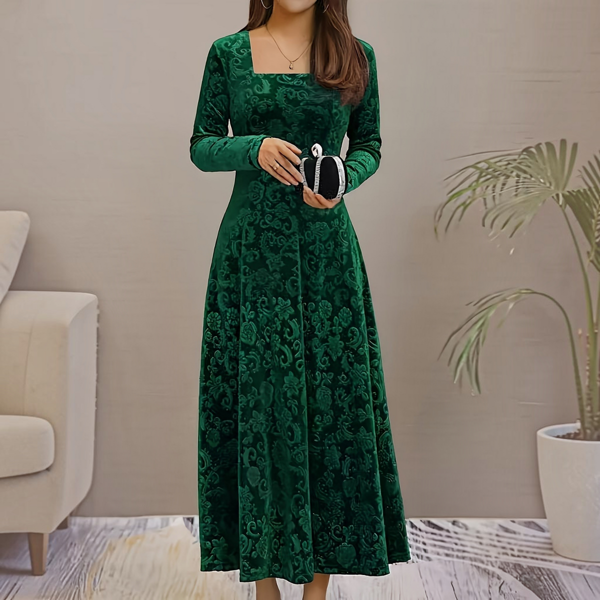 Velvet Midi Dress with Floral Embroidery and Three-Quarter Sleeves, Back Zipper